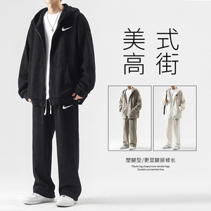 耐克顿运动套装男2024新款开衫连帽外套宽松休闲秋冬季卫衣两件套
