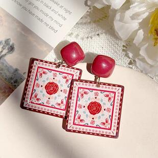 新款玫瑰花纹亚克力方形耳环复古红色系小众民族风印花耳饰耳夹女