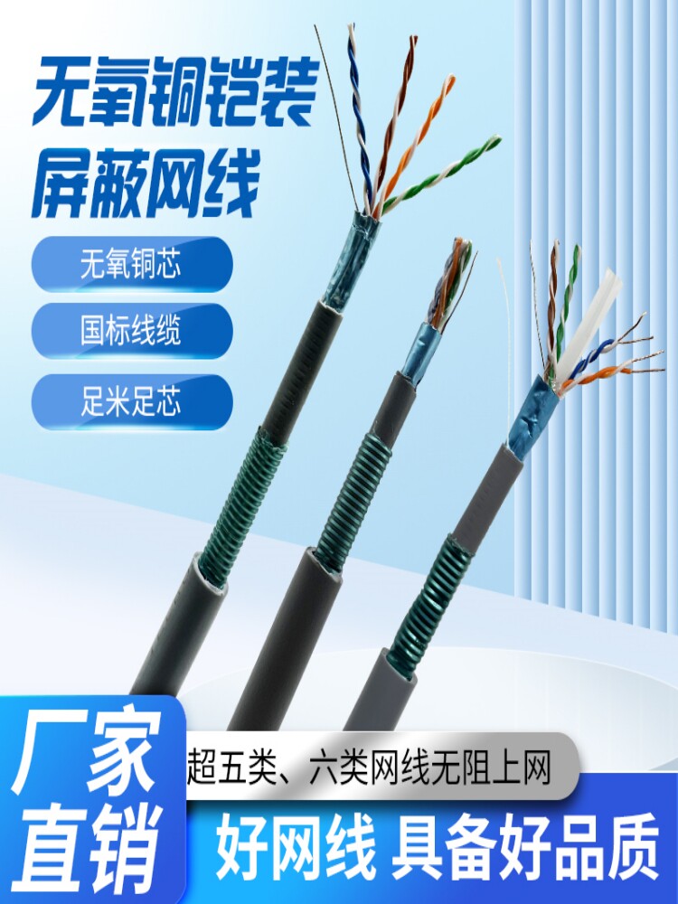 防老鼠咬铠装屏蔽超五类0.52无氧铜网线室外可地埋防水防晒抗老化