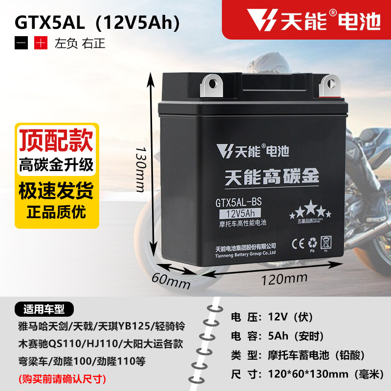 摩托车电池12V雅马哈125天剑天琪轻骑赛驰110通用弯梁车电瓶12v5a