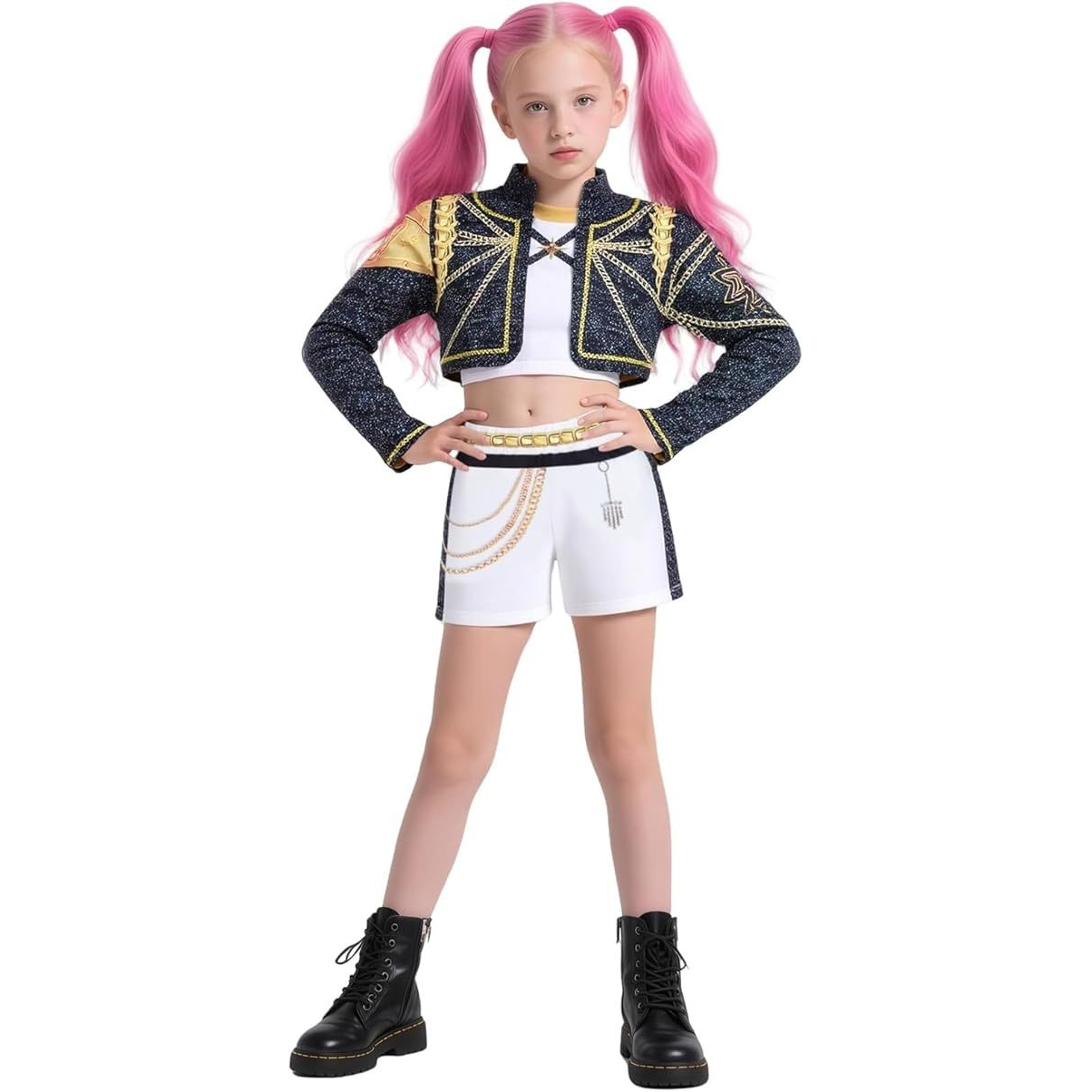 2025亚马逊新品女孩恶魔猎人服装儿童流行歌手童装套黑金猎魔女团