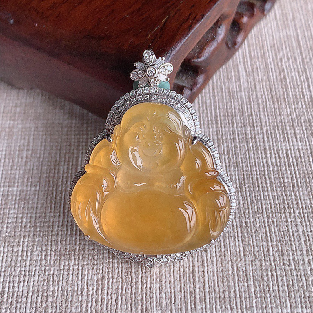 缅甸天然A货玉石翡翠 老坑冰种 手工精雕 18K金伴钻黄翡佛公吊坠