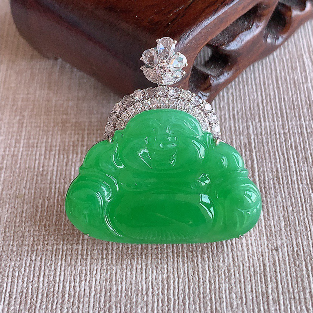 缅甸天然A货玉石翡翠 老坑冰种 手工精雕 18K金伴钻阳绿佛公吊坠