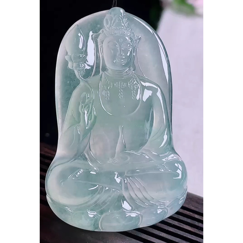 缅甸天然A货玉石翡翠 老坑冰种晴水素衣观音吊坠