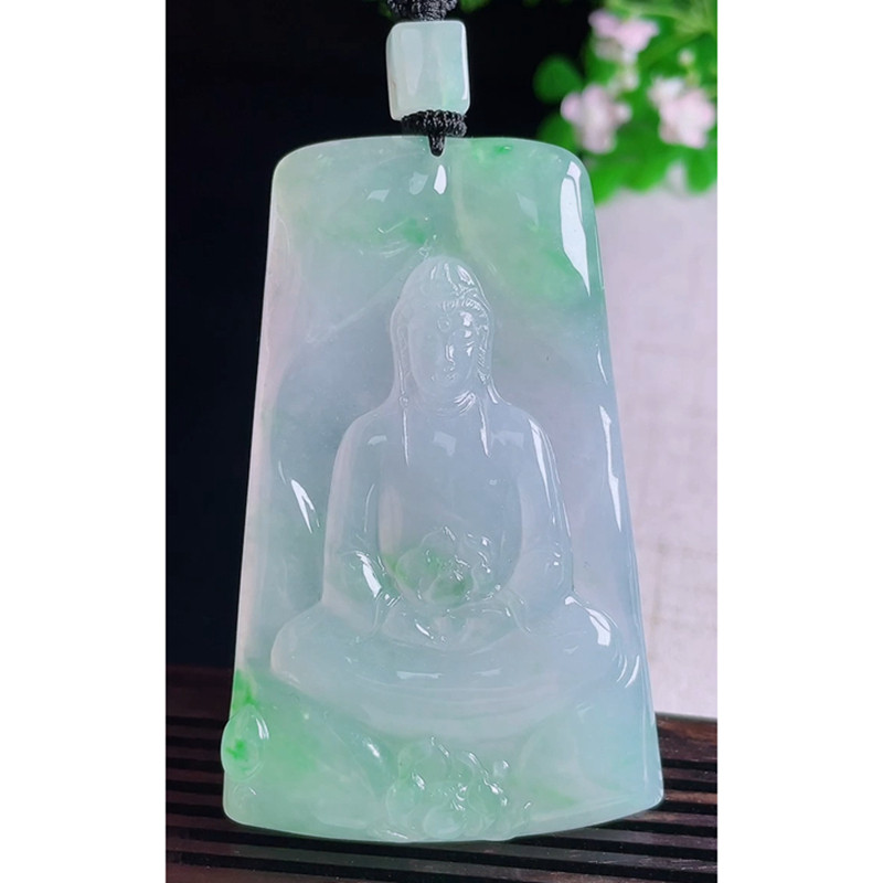 缅甸天然A货玉石翡翠 老坑冰种飘绿观音吊坠