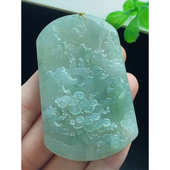 湖水绿山水牌吊坠 手工精雕 缅甸天然A货玉石翡翠 老坑冰种