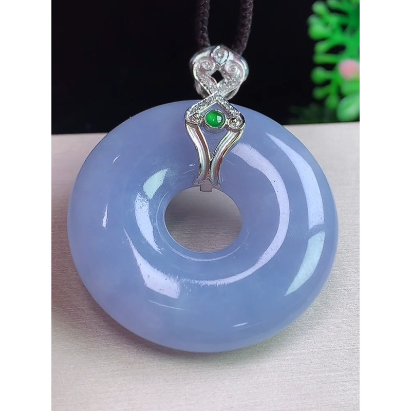 缅甸天然A货玉石翡翠 老坑冰种18k金镶紫罗兰平安环吊坠