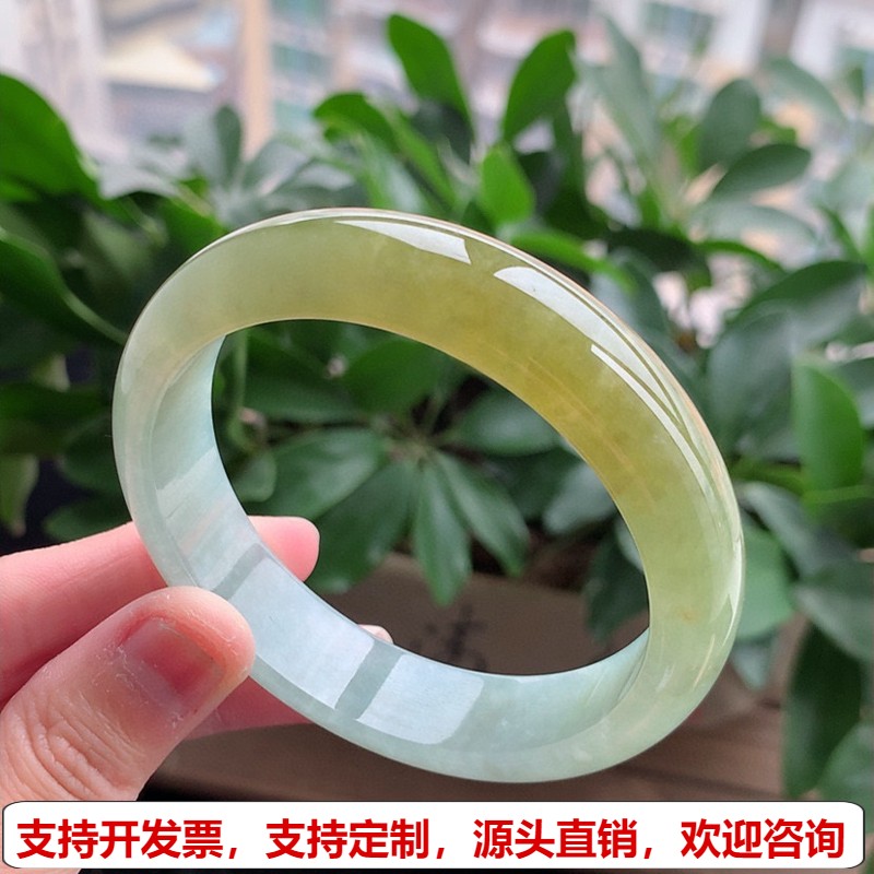 缅甸天然A货翡翠 冰种飘黄翡半山半水正装正圈手镯58-59圈口 完美