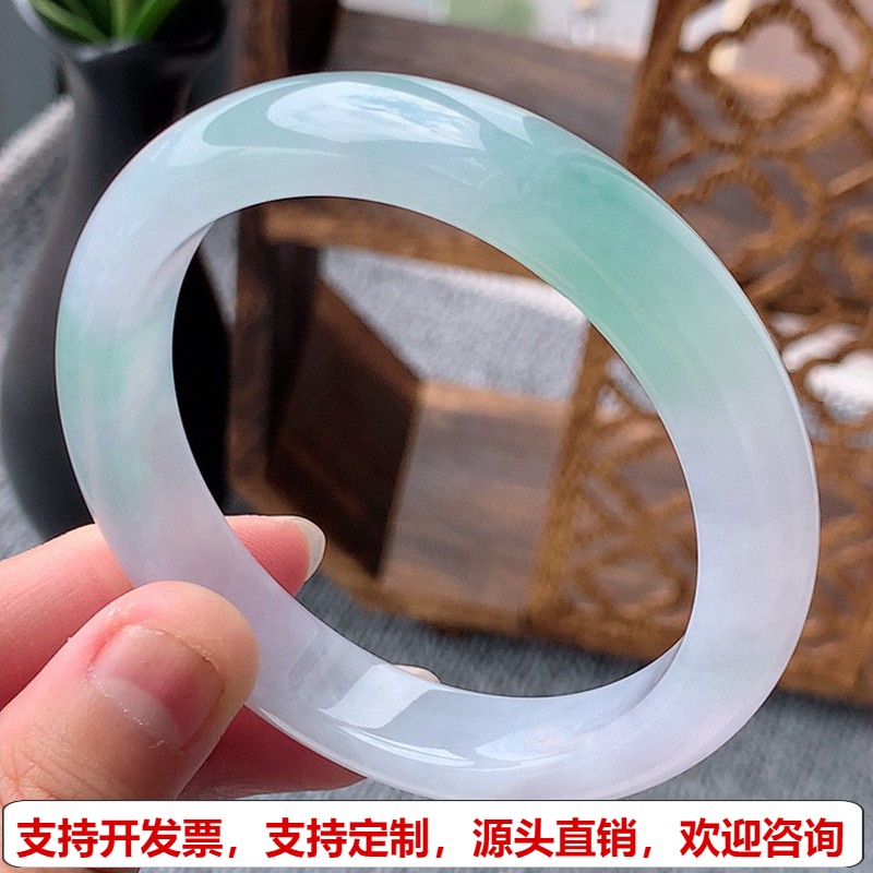 缅甸A货天然翡翠 老坑冰种晴绿正装正圈手镯56-57圈口