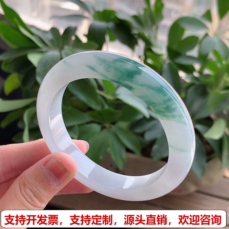 缅甸A货天然翡翠 老坑冰种飘花正装正圈手镯57-58圈口