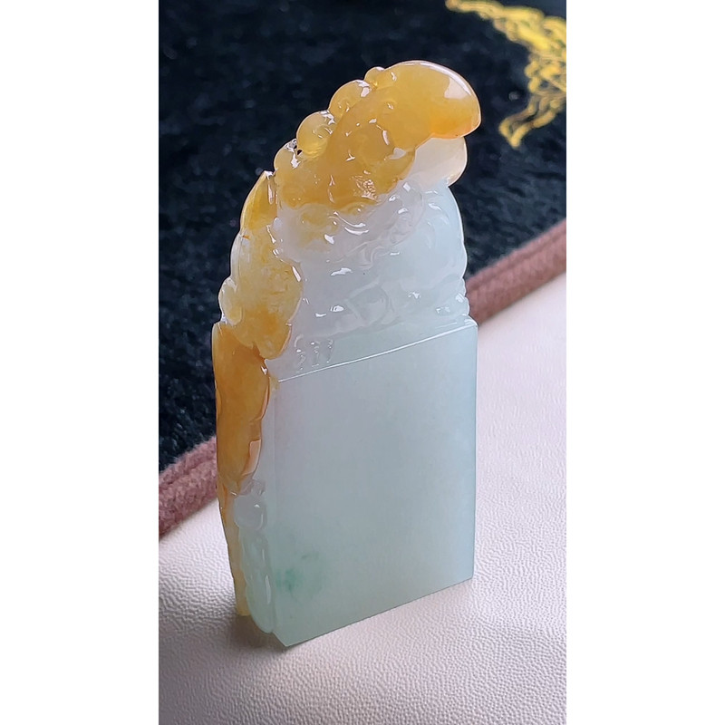 缅甸天然A货玉石翡翠 老坑冰种黄翡貔貅印章吊坠