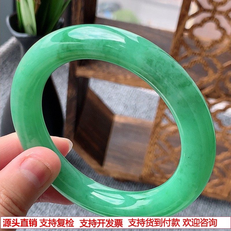缅甸A货天然翡翠 老坑冰种满绿阳绿胖圆条手镯58-59圈口