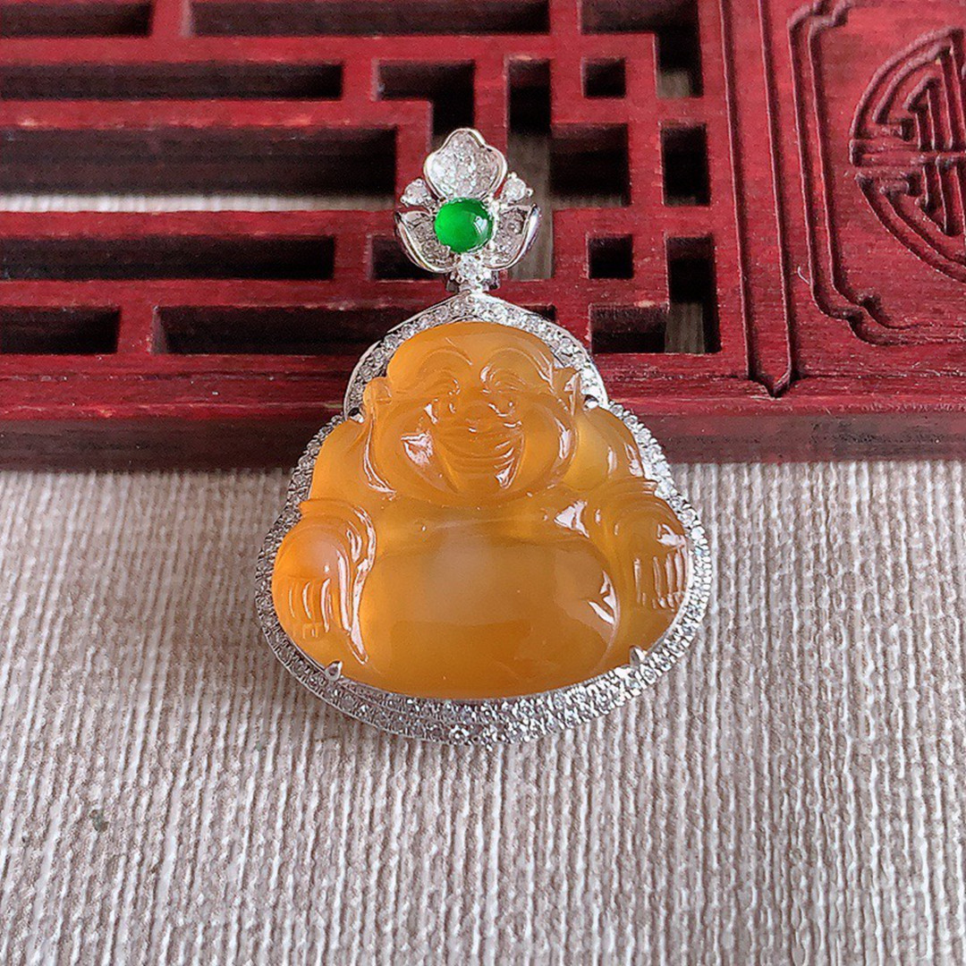 缅甸天然A货玉石翡翠 老坑冰种 手工精雕 18K金伴钻黄翡佛公吊坠