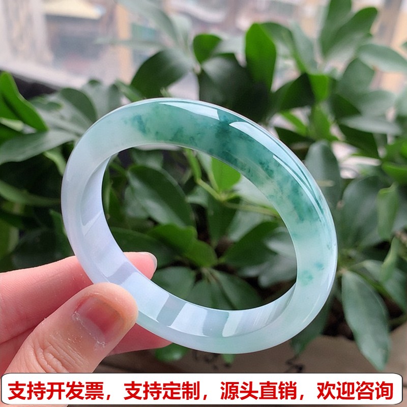 缅甸A货天然翡翠 老坑冰种飘花正装正圈手镯56-57圈口