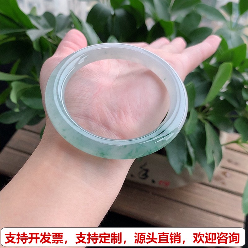 缅甸A货天然翡翠 老坑冰种飘花圆条手镯56-57圈口 完美
