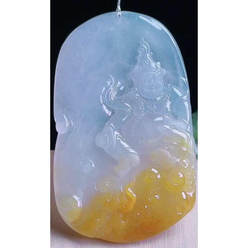 缅甸天然A货玉石翡翠挂件 精雕老坑冰种黄翡不动明王吊坠
