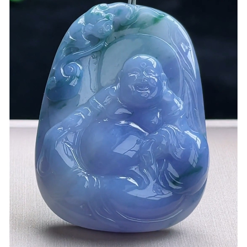 缅甸天然A货玉石翡翠挂件 精雕老坑冰种紫罗兰飘花佛公笑佛吊坠