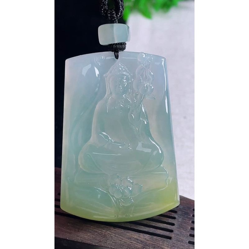 缅甸天然A货玉石翡翠 老坑冰种黄翡大势至菩萨牌吊坠