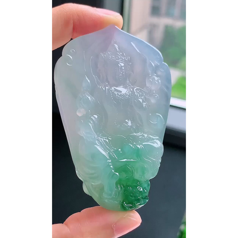 缅甸天然A货玉石翡翠 老坑冰种飘绿大势至菩萨吊坠