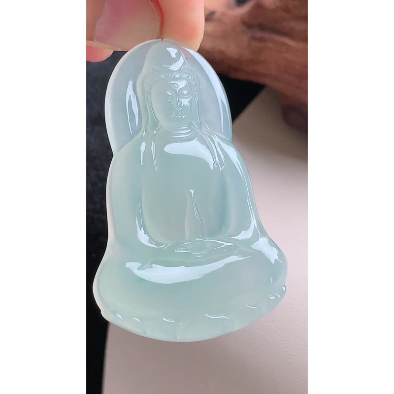 缅甸天然A货玉石翡翠 老坑冰种素衣观音吊坠