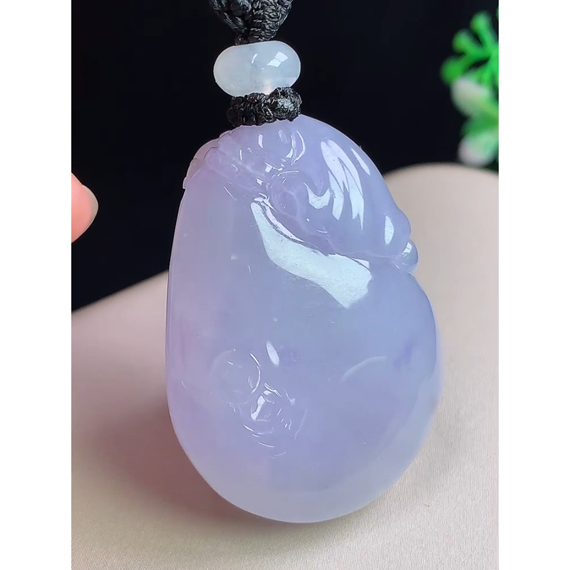 缅甸天然A货玉石翡翠 老坑冰种 手工精雕 冰紫钱袋吊坠
