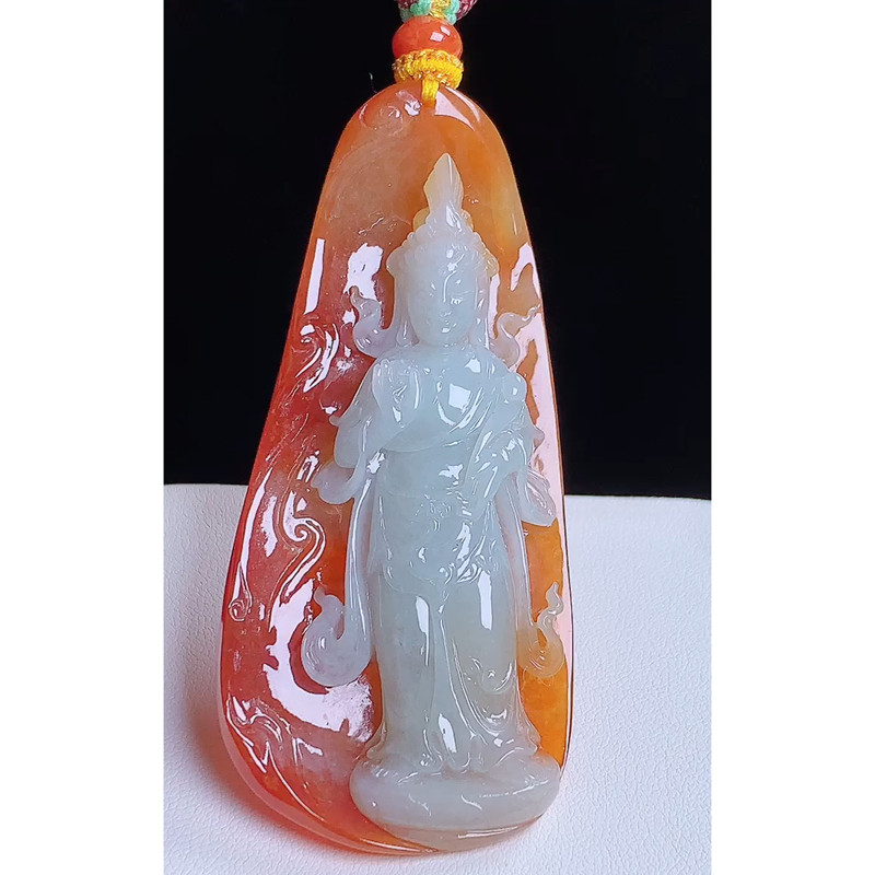 缅甸天然A货玉石翡翠 老坑冰种冰种冰俏色红翡观音吊坠