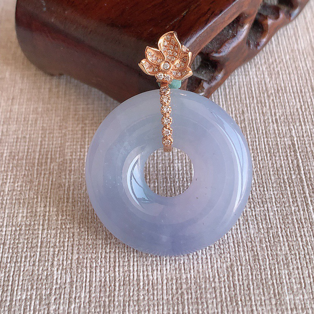 缅甸天然A货玉石翡翠 老坑冰种 手工精雕 18K金伴钻平安环吊坠