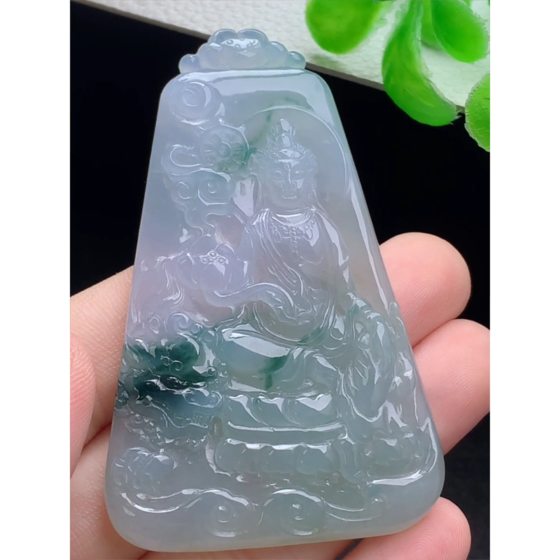 缅甸天然A货玉石翡翠 老坑冰种 手工精雕 飘花文殊菩萨吊坠