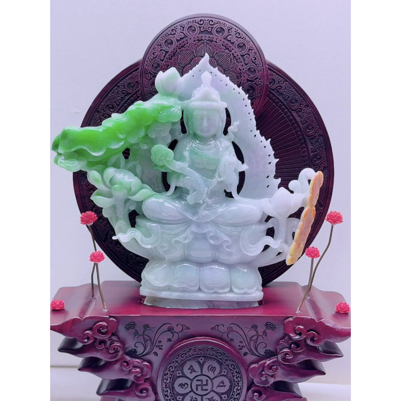 缅甸天然A货玉石翡翠孤品 精雕老坑春彩淡紫飘阳绿观音菩萨摆件