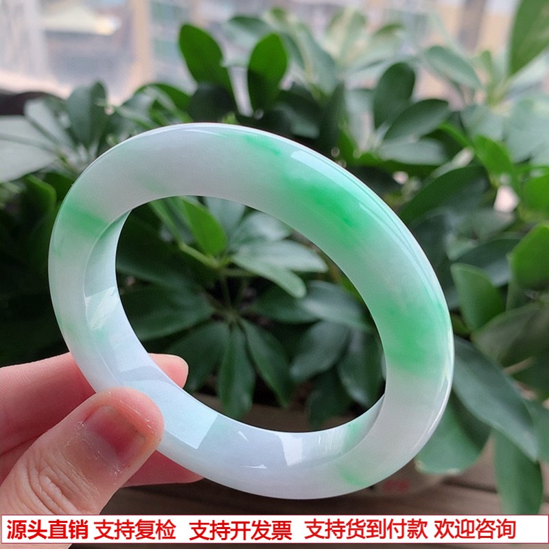 缅甸A货天然翡翠老坑冰白底青飘阳绿厚装正装正圈手镯59-60大圈口