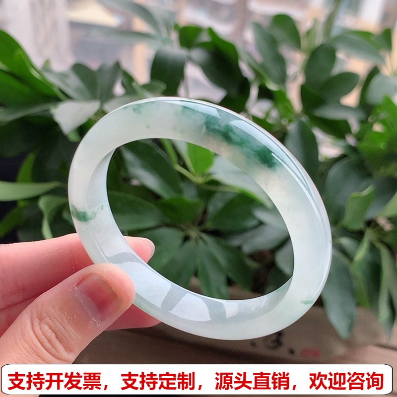 缅甸A货天然翡翠 老坑冰种飘花正装正圈手镯55-56圈口