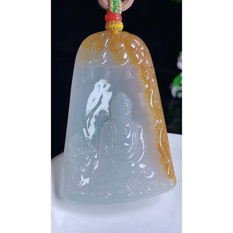 缅甸天然A货玉石翡翠 老坑冰种黄翡大日如来吊坠