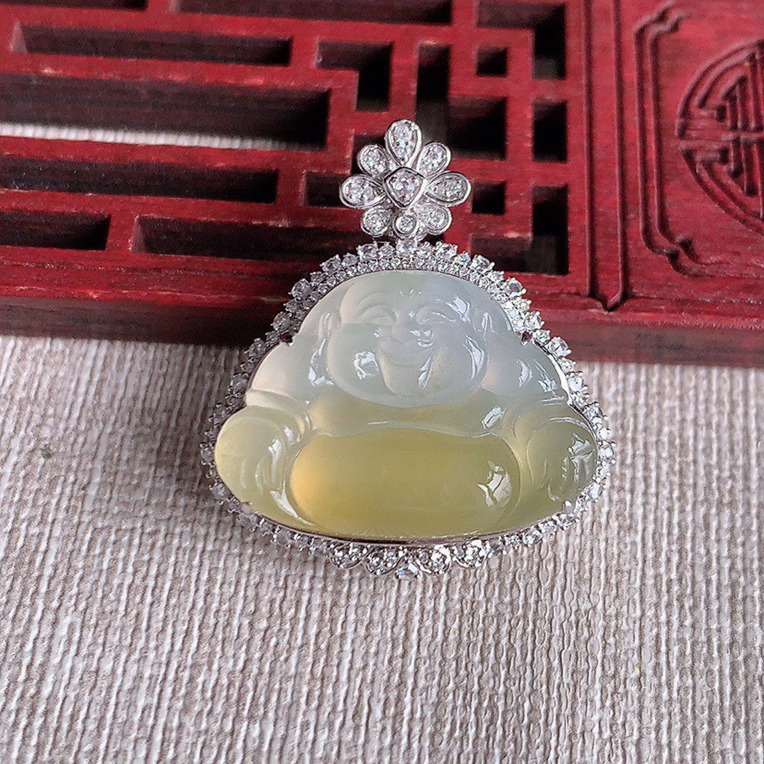 缅甸天然A货玉石翡翠 老坑冰种 手工精雕 18K金镶黄翡佛公吊坠