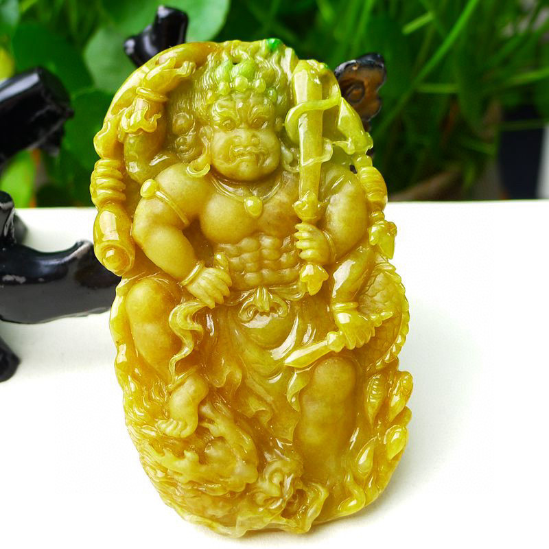 缅甸天然A货玉石翡翠挂件 精雕老坑冰种黄翡飘绿不动明王吊坠