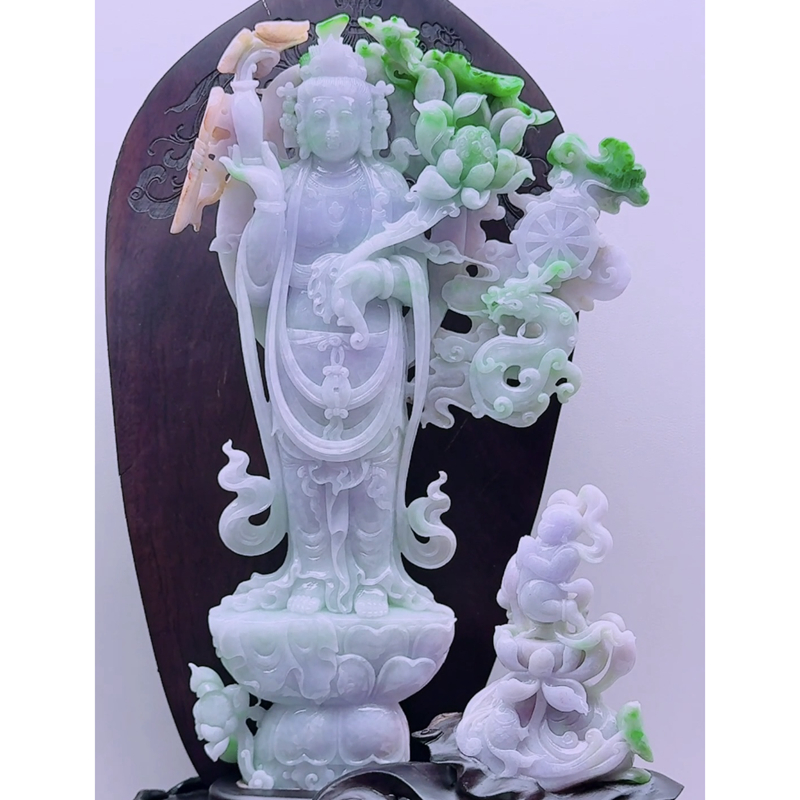 缅甸天然A货玉石翡翠孤品 精雕老坑三彩紫绿飘黄翡持莲观音摆件