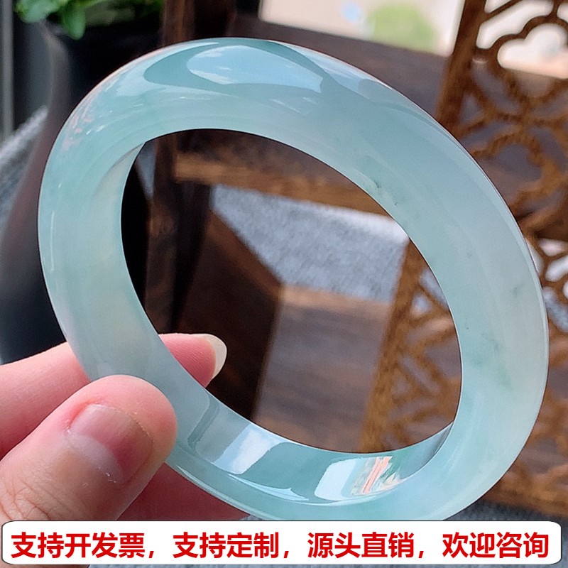 缅甸A货天然翡翠 老坑冰种飘花厚装正装手镯58-59圈口 完美