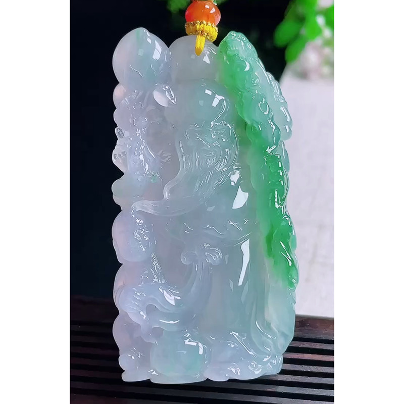 缅甸天然A货玉石翡翠挂件 精雕老坑冰种紫阳绿寿星公吊坠