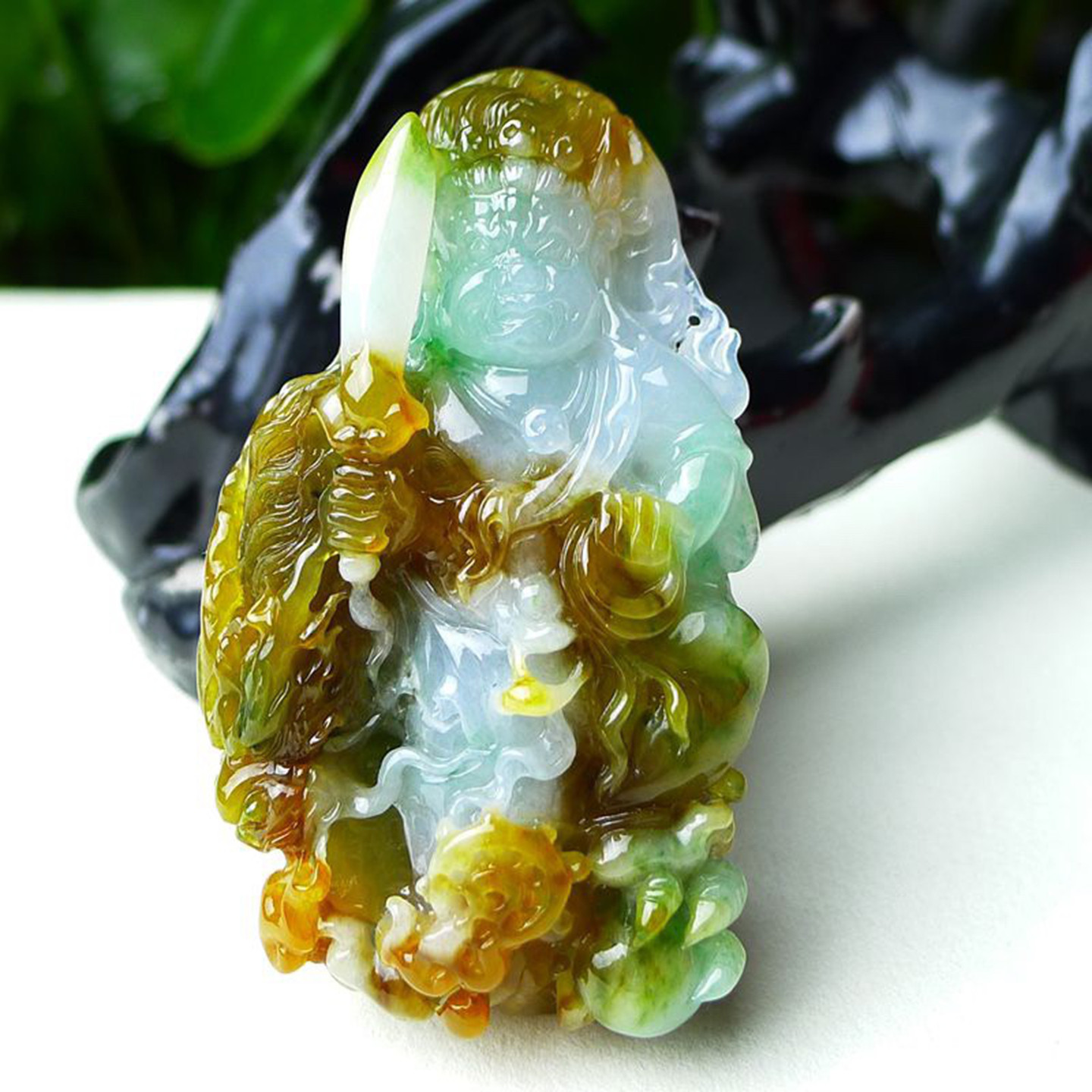缅甸天然A货玉石翡翠 老坑冰种手工精雕三彩黄加绿 不动明王吊坠