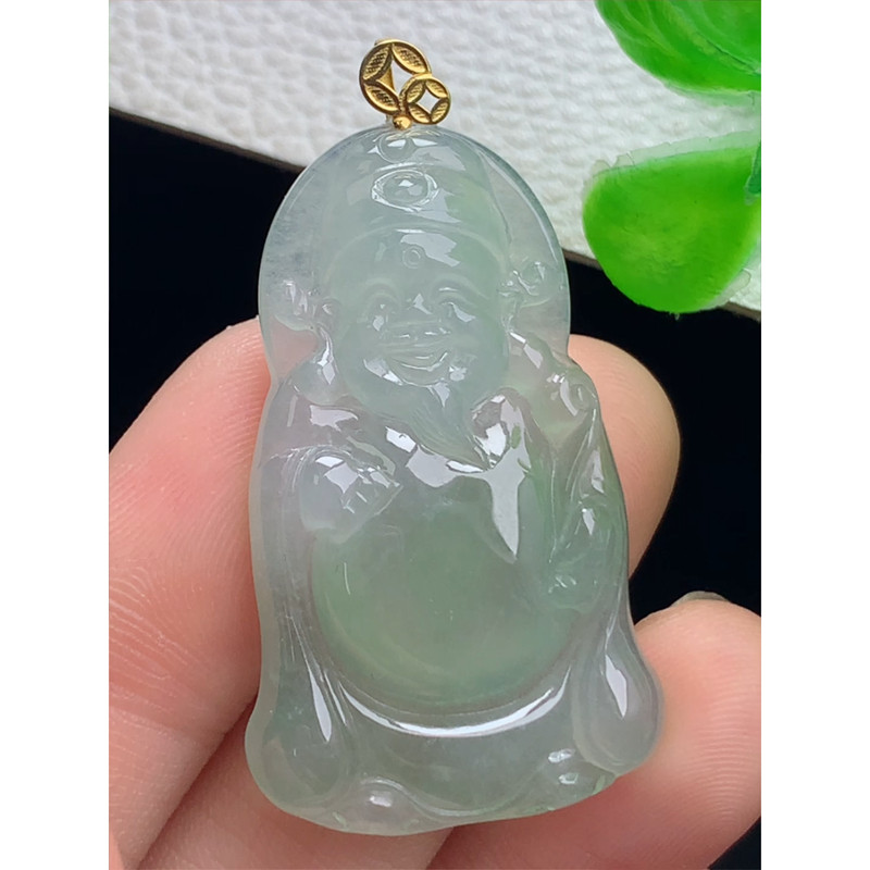 缅甸天然A货玉石翡翠 老坑冰种 手工精雕 18k金扣镶嵌 财神吊坠
