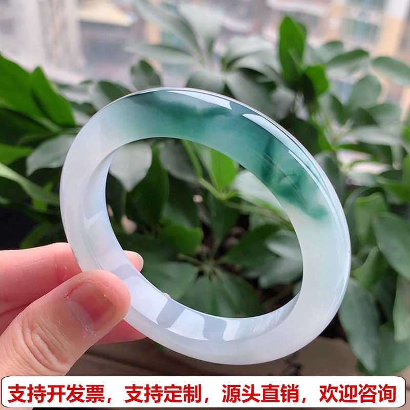 缅甸A货天然翡翠 老坑冰种飘花正装正圈手镯57-58圈口