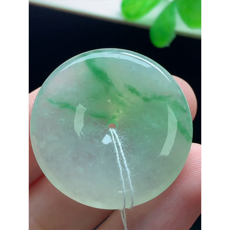 缅甸天然A货玉石翡翠 老坑冰种手工精雕飘绿花平安扣 吊坠