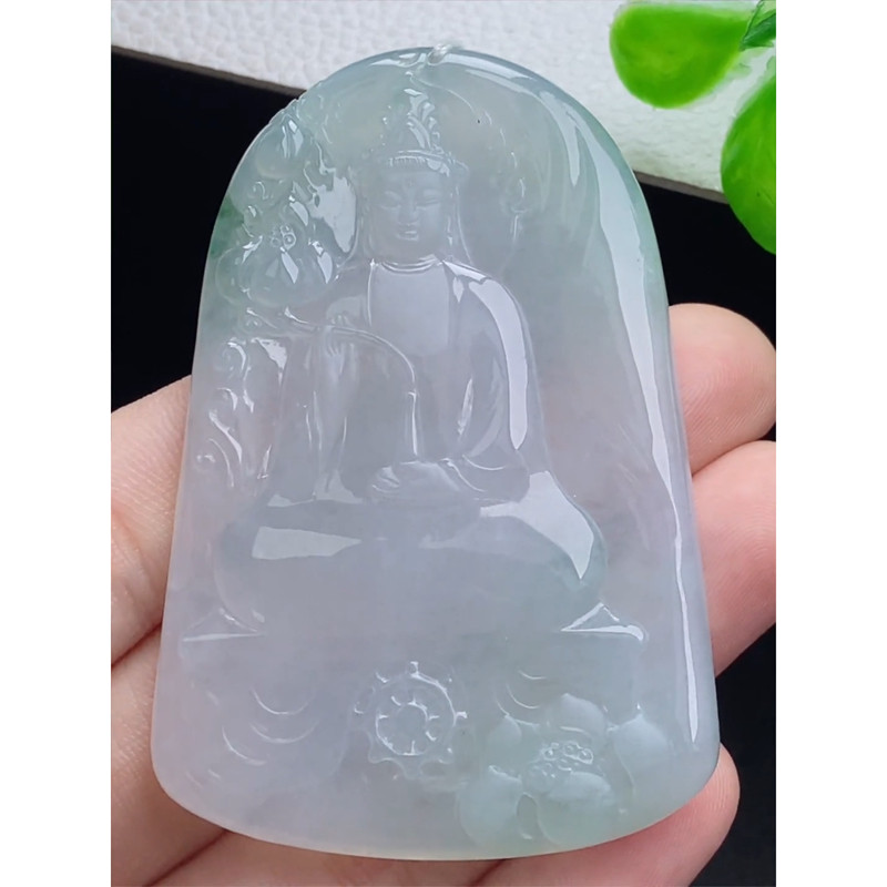 缅甸天然A货玉石翡翠 老坑冰种 手工精雕 大势至菩萨牌吊坠