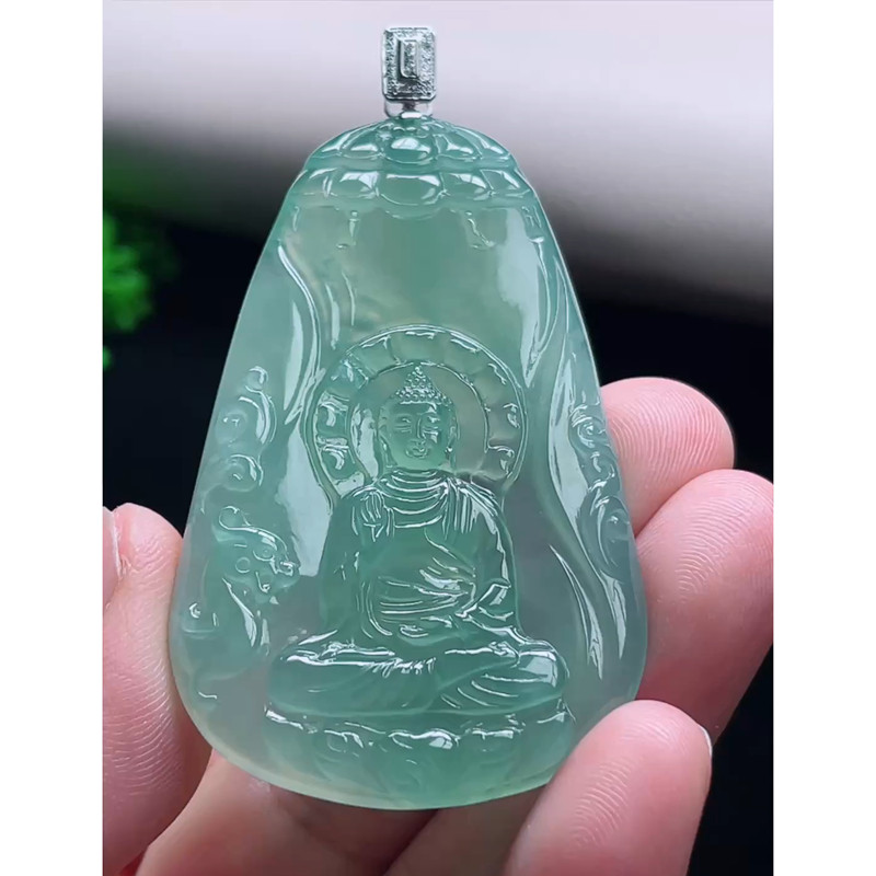 缅甸天然A货玉石翡翠挂件 精雕老坑金扣冰晴大日如来佛吊坠