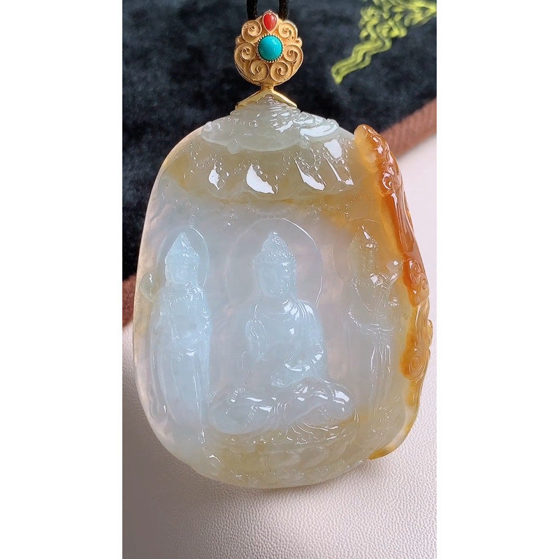 缅甸天然A货玉石翡翠挂件 精雕老坑冰种18k金扣黄翡西方三圣吊坠