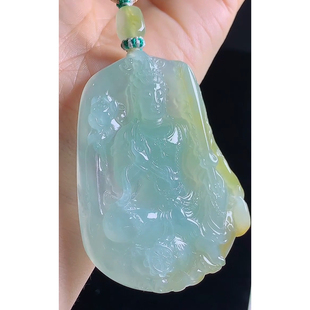 缅甸天然A货玉石翡翠挂件 精雕老坑冰种飘黄翡虚空藏菩萨吊坠
