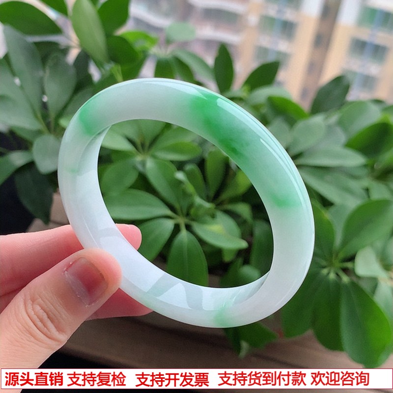 缅甸A货天然翡翠 老坑冰种白底青飘绿正装正圈手镯57-58圈口