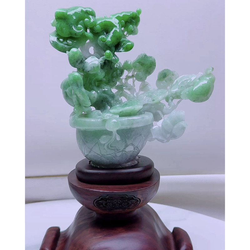 缅甸天然A货玉石翡翠孤品 精雕老坑绿飘紫花开富贵花瓶摆件