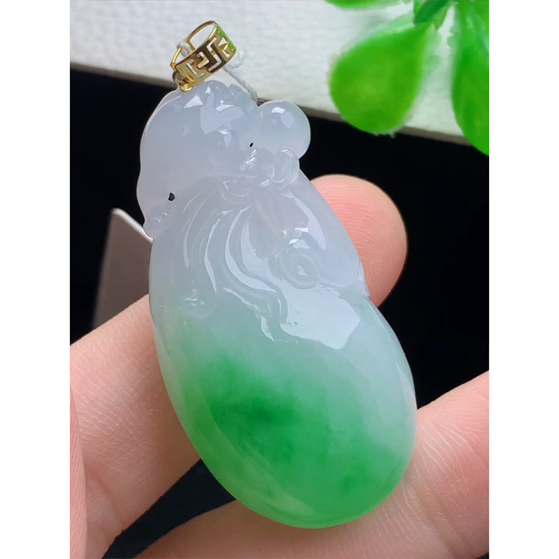 缅甸天然A货玉石翡翠 老坑冰种 手工精雕 18k金扣镶嵌钱袋吊坠