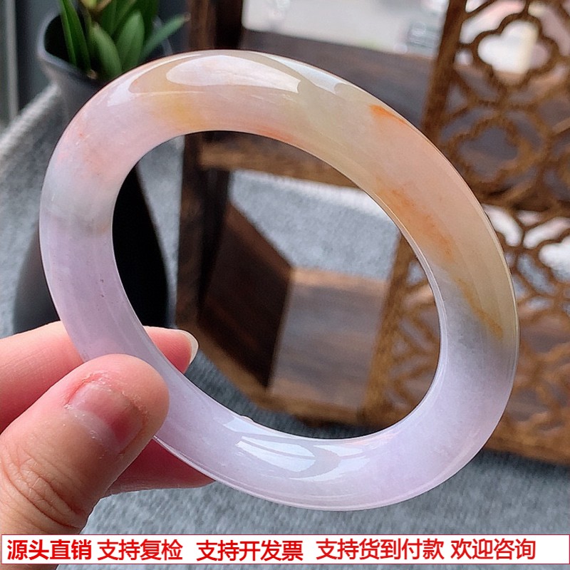 缅甸A货天然翡翠 老坑冰种紫罗兰飘黄翡圆条手镯55-56圈口