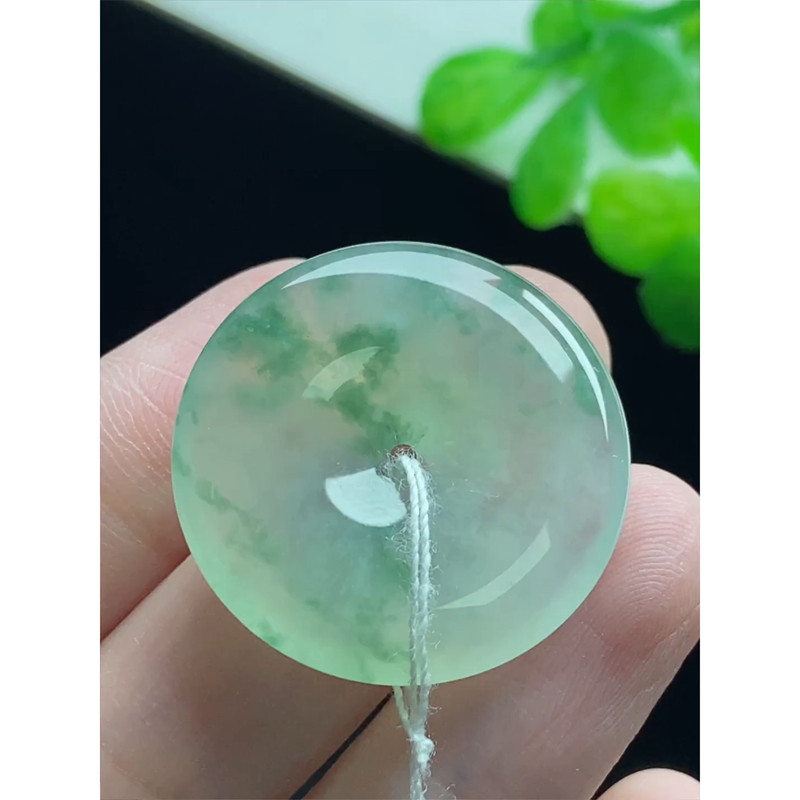 缅甸天然A货玉石翡翠 老坑冰种手工精雕飘花平安扣吊坠